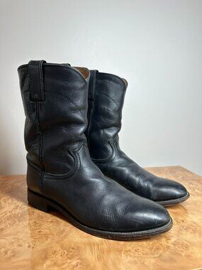 Justin Black Leather Western Roper Boots Pull On Cowboy Work Boots Men 9 D